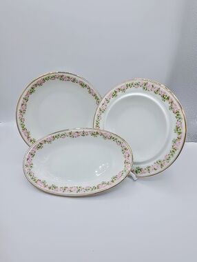 Bavaria Rose China 3 Pc Lot Soup Bowl Oval Dish Covered Base Gold Rim Vintage